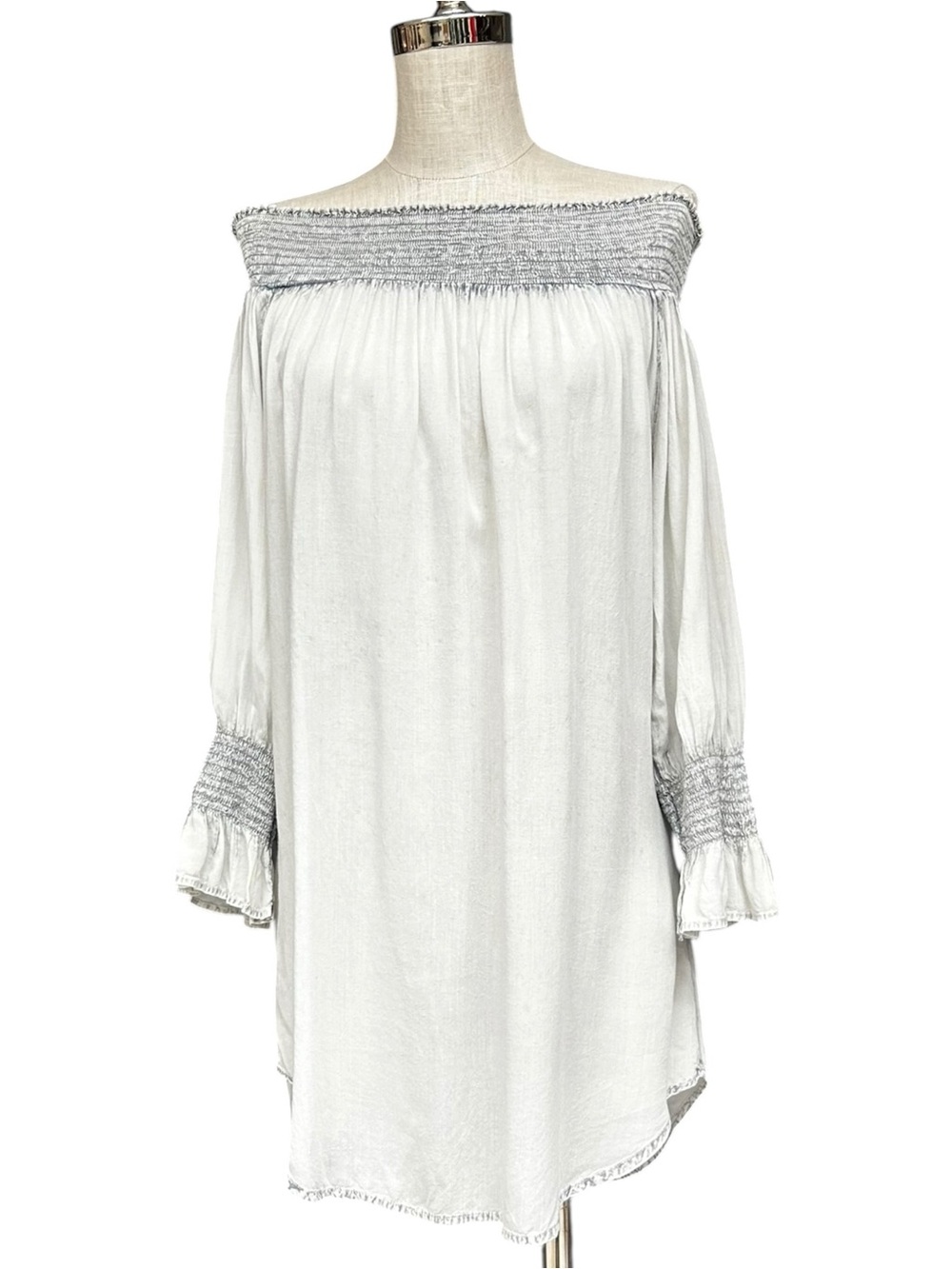 Scully Off Shoulder Tunic Dress Gray White Boho Smocked Bell Sleeve, Size Small